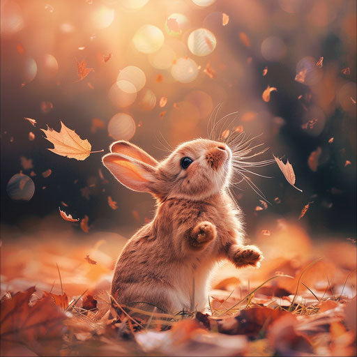 A bunny playing with falling leaves