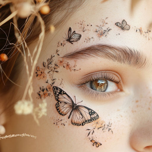 Eyebrow tattoo surrounded by delicate butterflies and floral elements