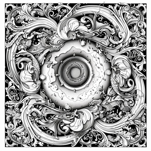 A donut surrounded by intricate designs and swirls. Coloring book page