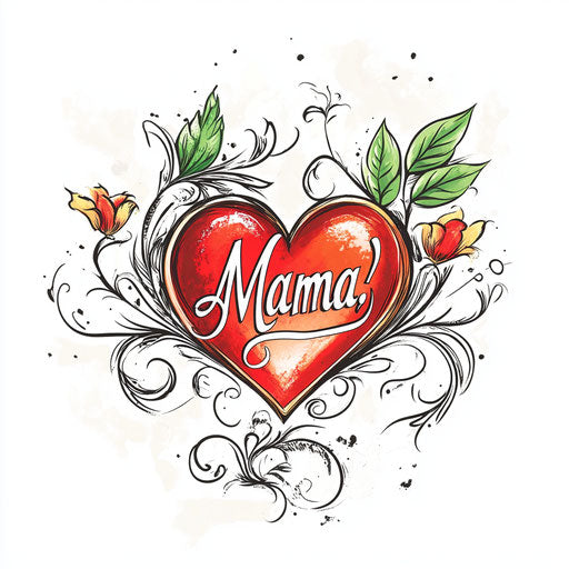 Beautiful flat clipart style tattoo sketch mama with heart and script reading "Mama"