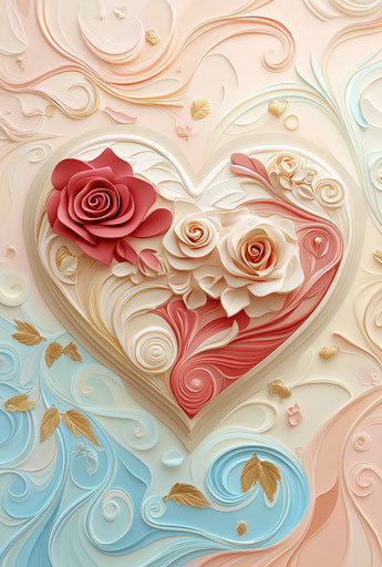 My valentine | 3D vector heart with roses and swirls on a background of pastel colors, including pink, red, blue, and white. Romantic digital art with light beige and gold tones, detailed character design, soft edges, and atmospheric effects.