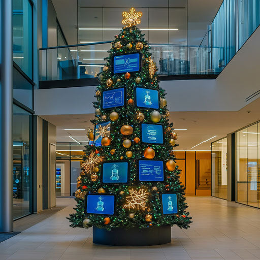 Interactive digital Christmas tree in tech company foyer