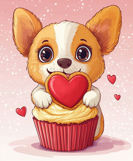 Happy puppy with heart-shaped cookie in red-white cupcake