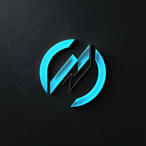 Neon logo with modern icon and bold typography on black background