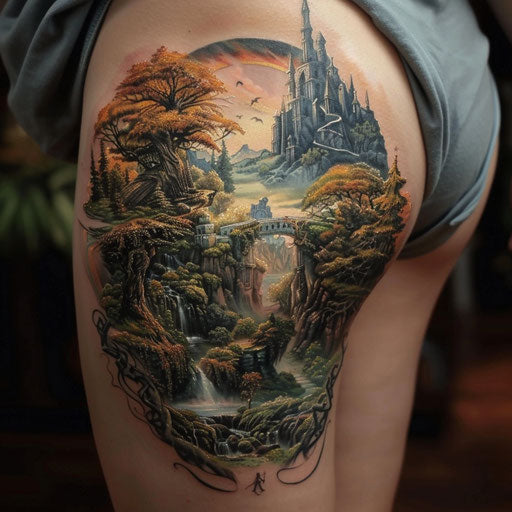 Thigh tattoo with epic fantasy scenes, in the style of Peter Jackson