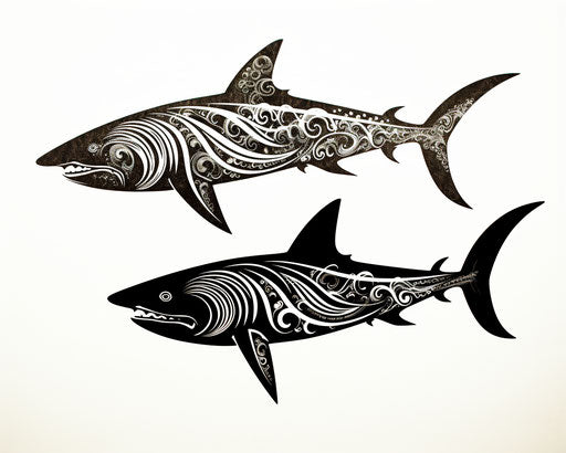 Two black and white sharks in tribal style with tribal details