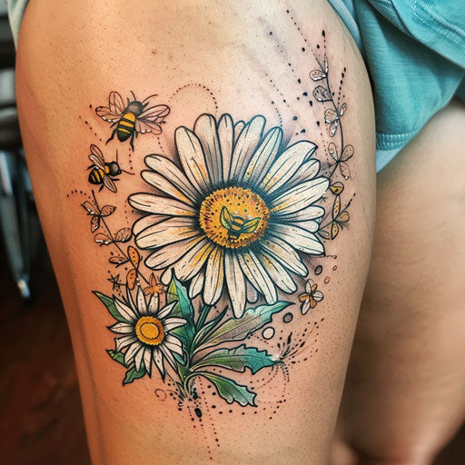 Playful sketch of a tattoo of a daisy with cartoon bees in clipart style, using bright yellows and greens