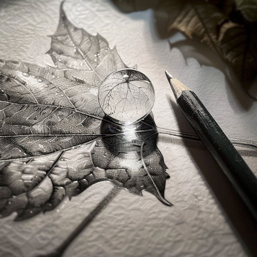 Dynamic flat tattoo sketch of a micro reality water droplet on a leaf, reflecting light