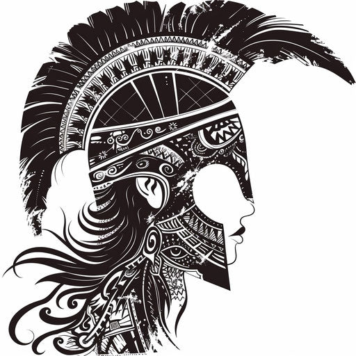 Athena tattoo in tribal style, bold black patterns and symbols associated with wisdom and war on white background