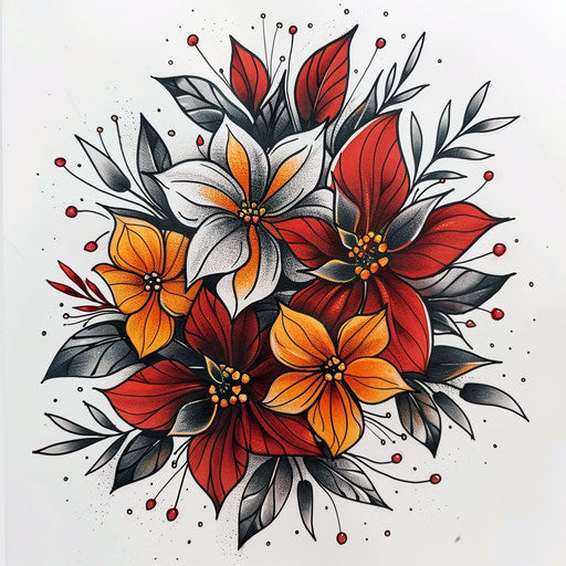 Flat tattoo sketch of a birth flower bouquet with a festive mix