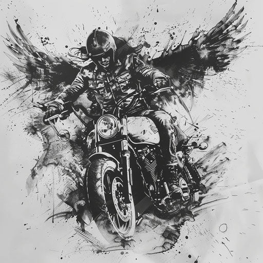 Realism tattoo of Archangel Michael on powerful motorcycle