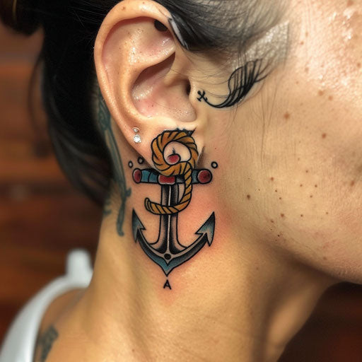 Ear tattoos in Sailor Jerry style featuring a nautical anchor