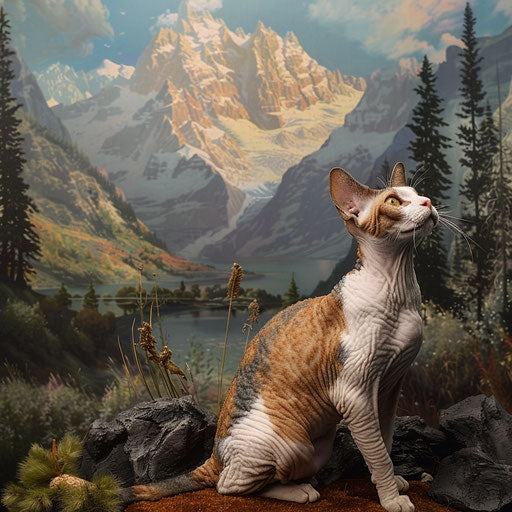 Cornish rex cat sitting in front of mountain scenery