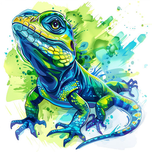 Vibrant flat tattoo sketch of a lizard with green and blue hues