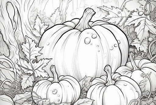 Coloring book with pumpkin and leaves, nightmarish style