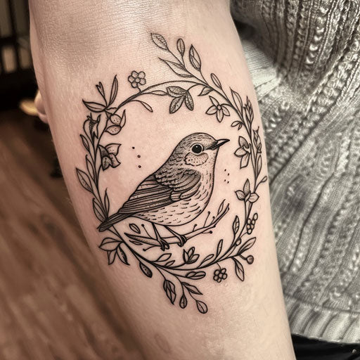 Stylish flat tattoo sketch of a robin surrounded by intricate floral wreaths