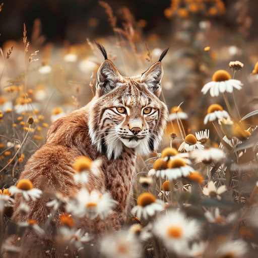 Wild and delicate contrast: lynx in field of flowers