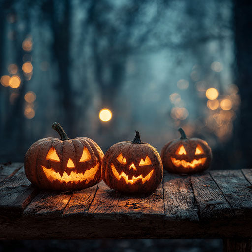 Glowing Jack-o'-Lanterns on Rustic Wood