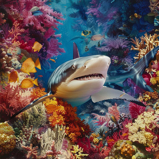 Bull shark in a colorful coral garden