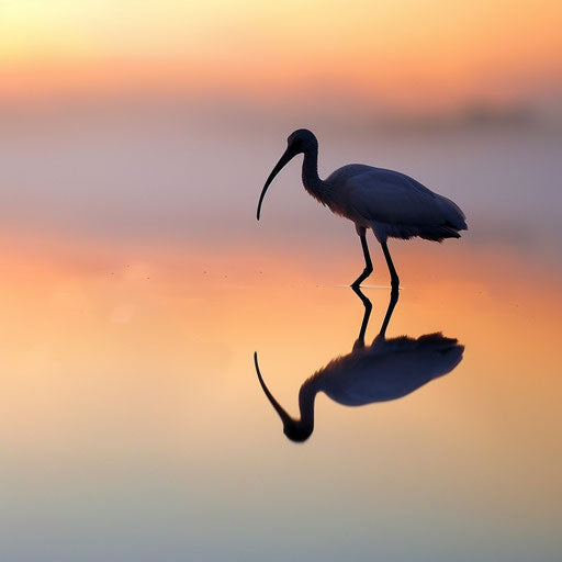 Ibis bird near a reflective surface at dawn