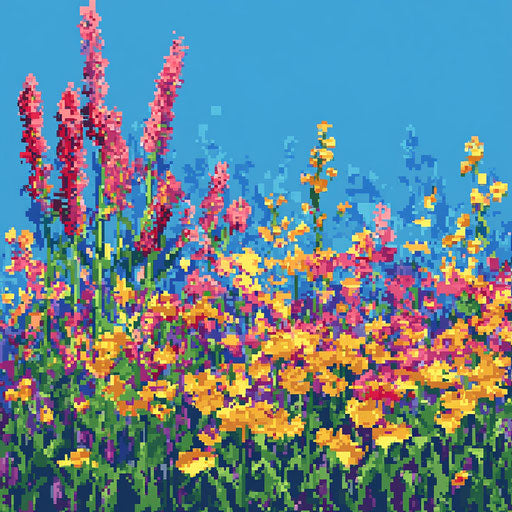 Digital illustration of wildflowers, vibrant colors, blocky shapes