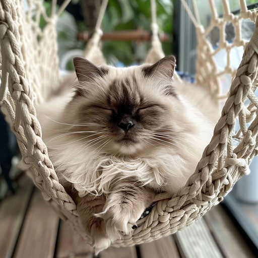 Himalayan cat lounging in a hammock with a cute sleepy face