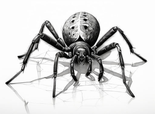 Black widow bug illustration, detailed cross-hatching style