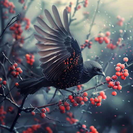 Black bird with red wings feeding on berries