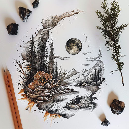 Zen tattoo sketch of a planet surrounded by a peaceful garden in earthy tones