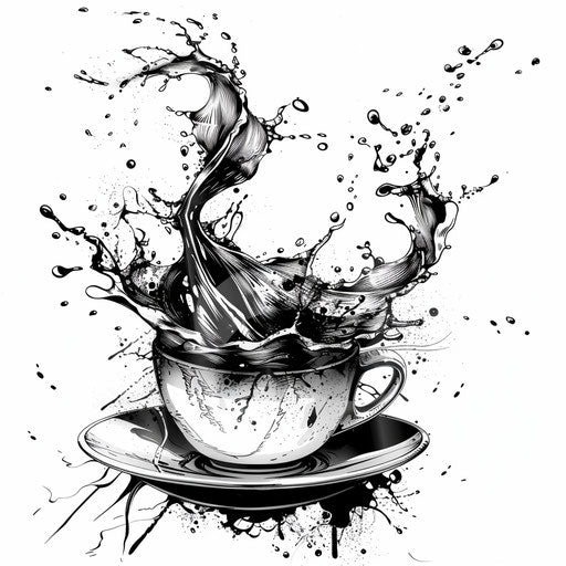 Dynamic tattoo sketch of a coffee splash, clipart style with sharp black and white contrasts