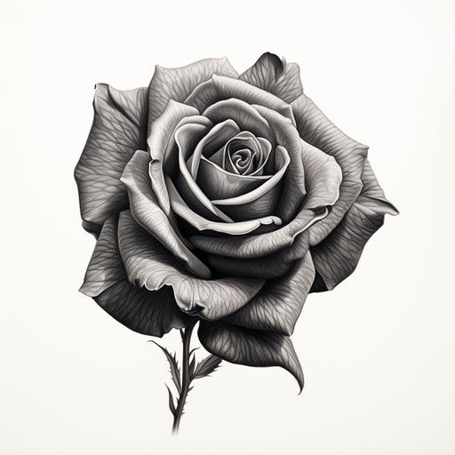 Realistic and detailed drawing of a rose in black and gray