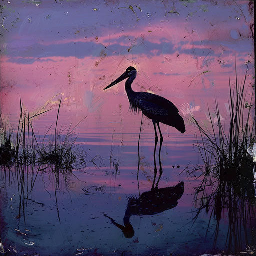 Silhouette of a wood stork against a lavender and pink sky