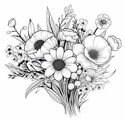 Bouquet of flowers with seeds in black and white drawing
