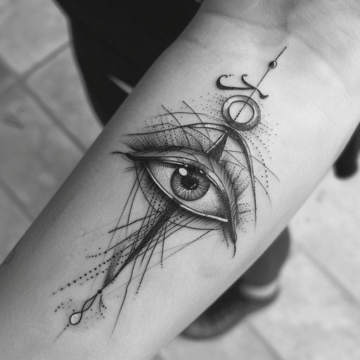 Gothic-inspired Eye of Horus tattoo on white backdrop