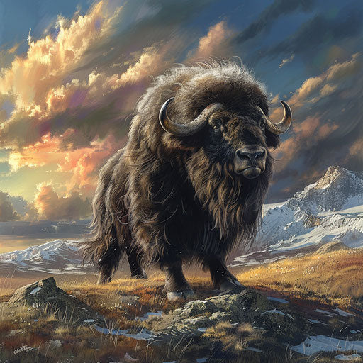 Musk ox in an artistic landscape with detailed fur