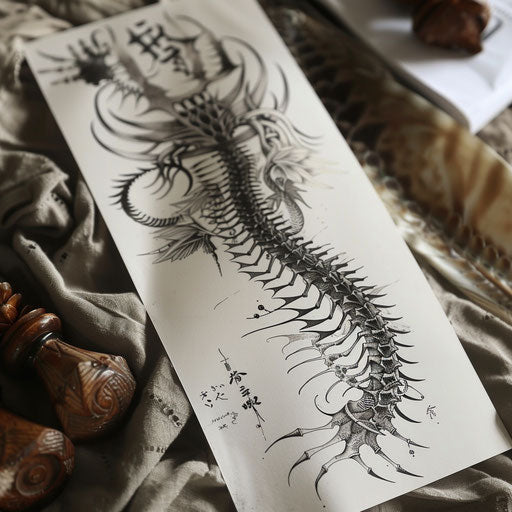 Ancient tribal spine tattoo detailed in dark ink