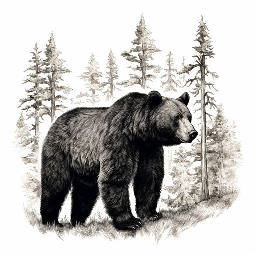 Black bear with trees on white background, tattoo style