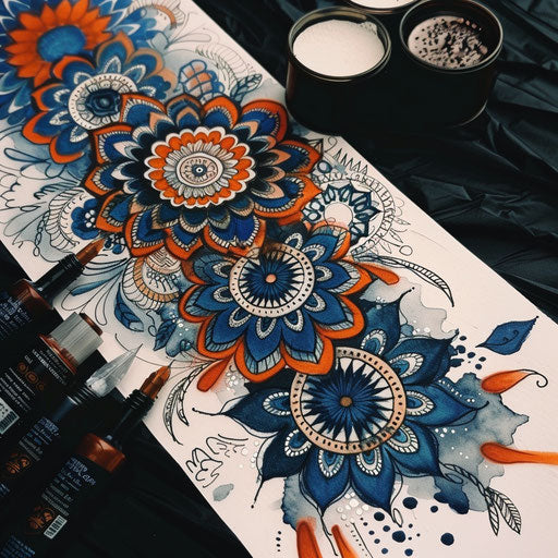 Spiritual single needle tattoo sketch with mandala patterns in deep blues and vibrant oranges