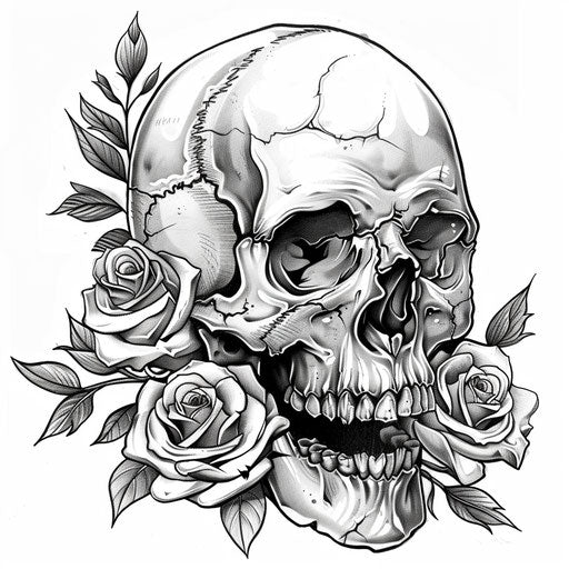 Skull with roses in black and grey sketch