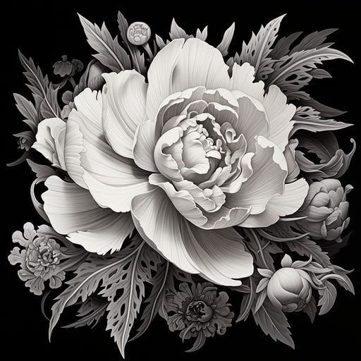 Black and white detailed flower in a flowerpunk style