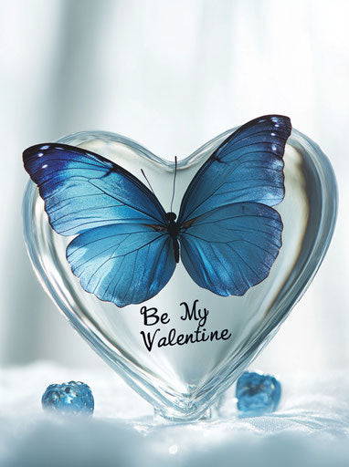 Blue butterfly on heart-shaped glass base