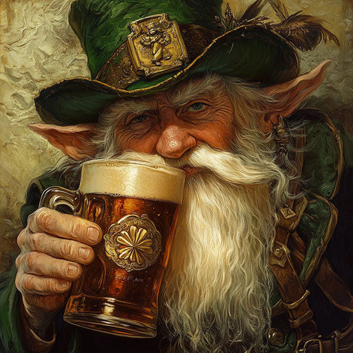 Leprechaun drinking beer in vintage Irish pub setting