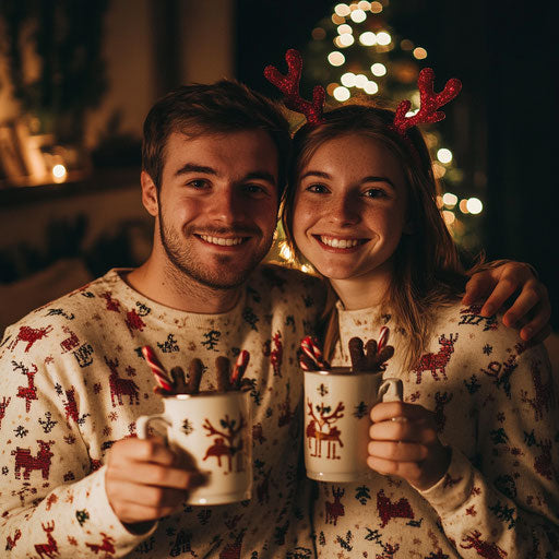 Young couple in first apartment, toasting with eggnog mugs in reindeer pajamas, small blinking tree behind.
