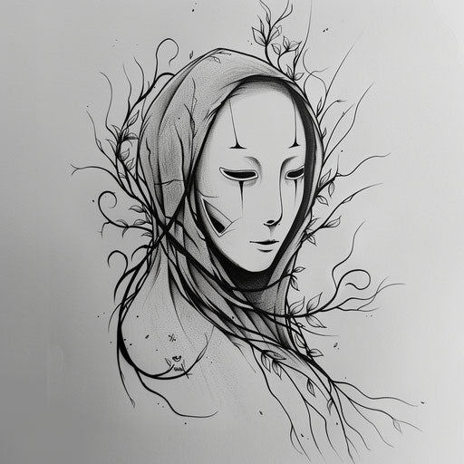Tattoo sketch of No-Face with elegant, flowing lines