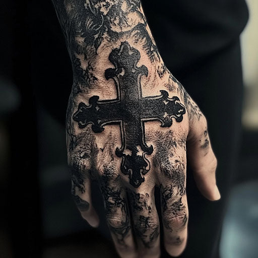 Cross tattoo hand horror themes, Glenn Fabry style