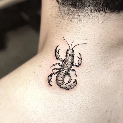 Small neck tattoo on a man with a black scorpion
