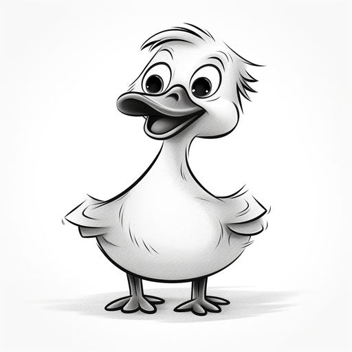 Smiling duck in simple line style, children's drawing in BW