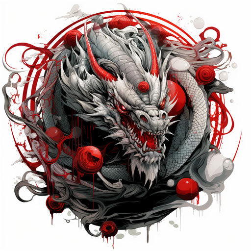 Asian dragon tattoo dystopian style spherical sculptures