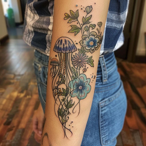 Wildflower tattoo with jellyfish, oceanic colors, flowing design, ethereal