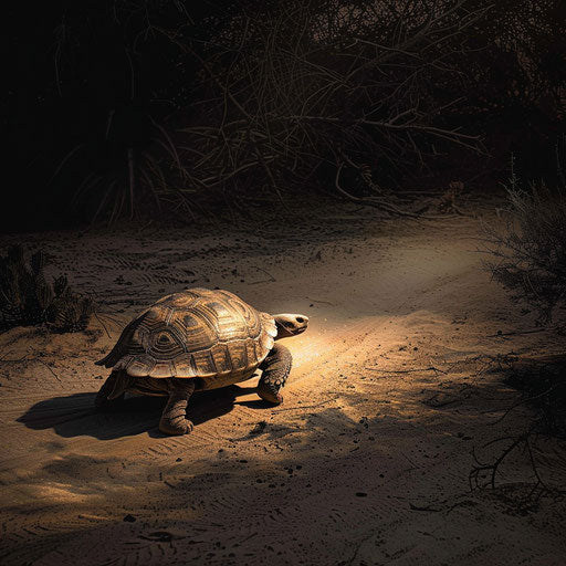 Tortoise crossing a sandy path under dramatic lighting